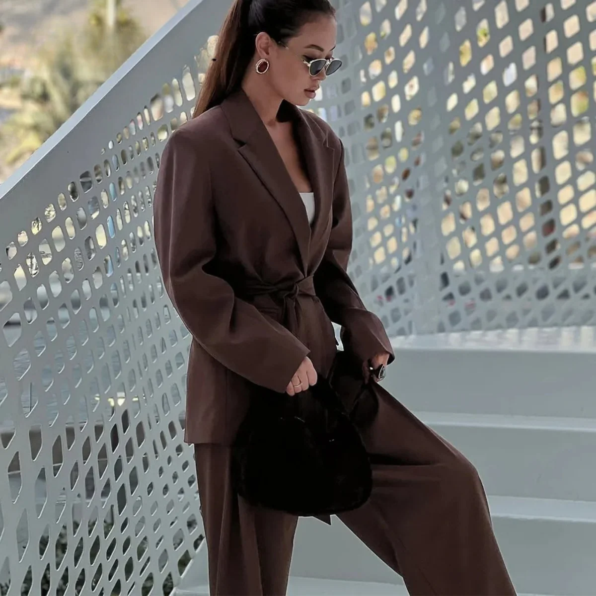 Women’s Belted Blazer & Wide-Leg Trouser Set - Tailored Two-Piece Suit