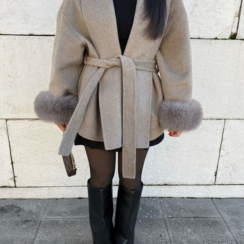 Women’s Belted Wool Coat with Faux Fur Cuffs - Elegant Short Wrap Jacket