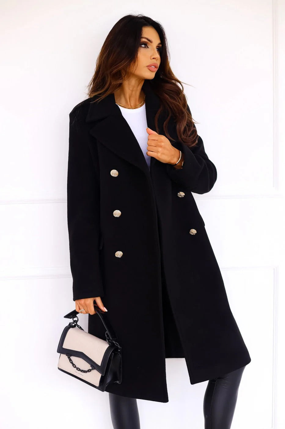 Women’s Double-Breasted Long Coat - Elegant Wool Blend Outerwear