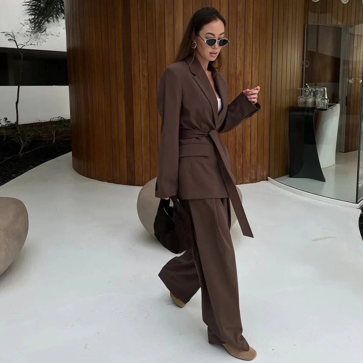 Women’s Belted Blazer & Wide-Leg Trouser Set - Tailored Two-Piece Suit