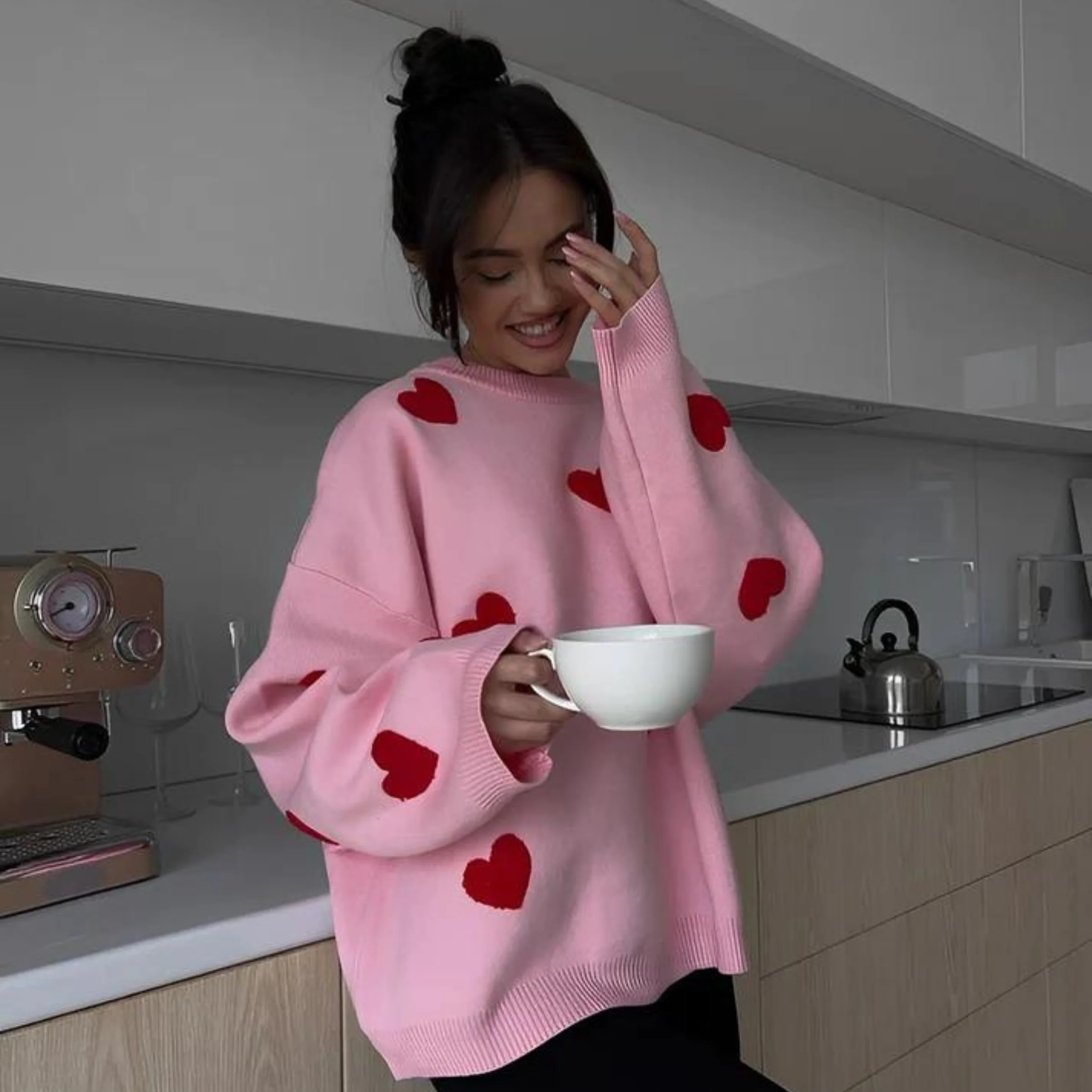 Women’s Heart Print Oversized Knit Sweater - Cozy Casual Pullover