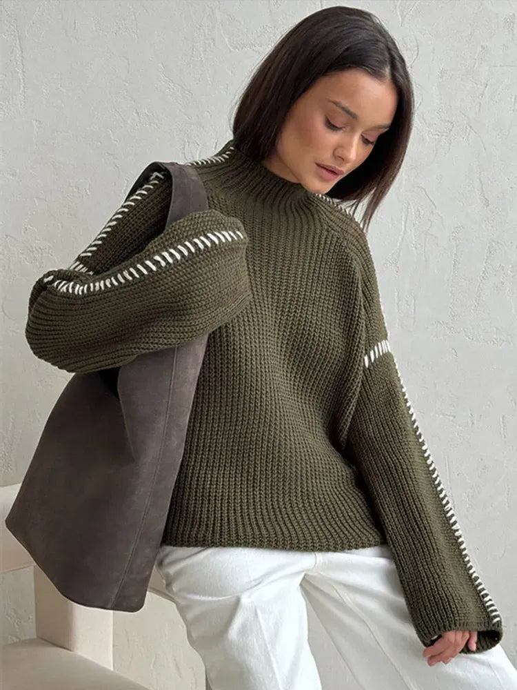 Women’s High-Neck Chunky Knit Sweater - Contrast Stitch Pullover
