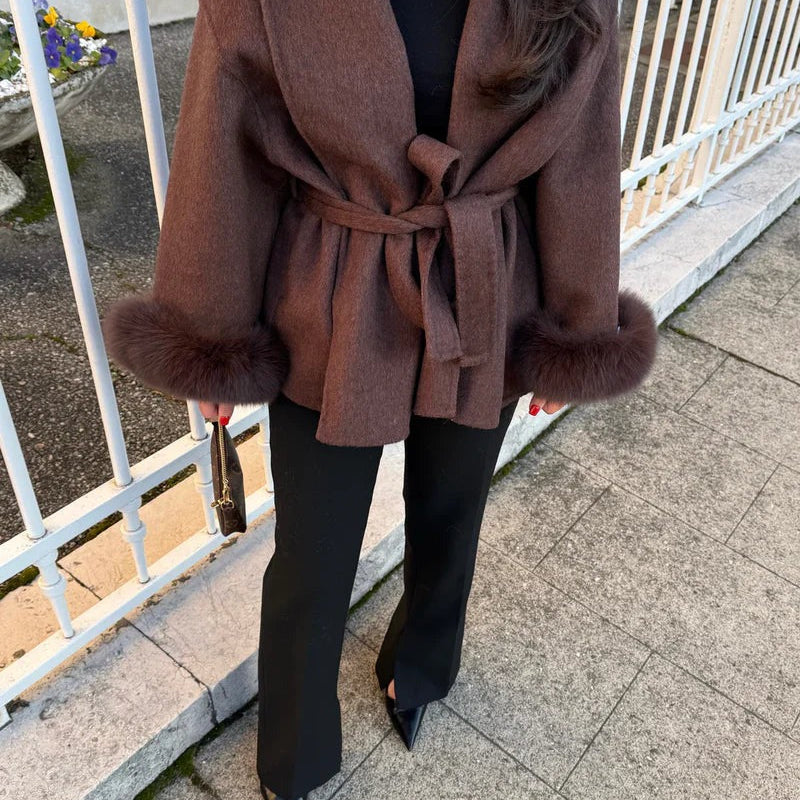 Women’s Belted Wool Coat with Faux Fur Cuffs - Elegant Short Wrap Jacket