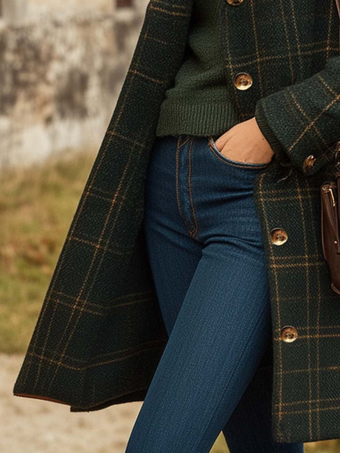 Plaid Button-Front Coat - Classic Longline