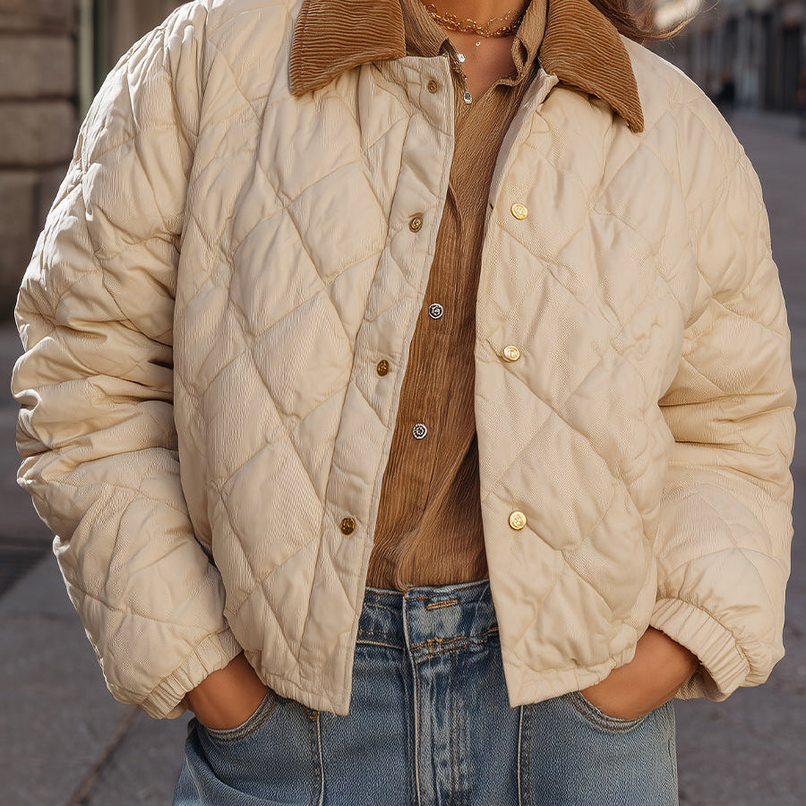 Elena | Quilted Cropped Jacket with Corduroy Collar in Beige - Maison & Moor