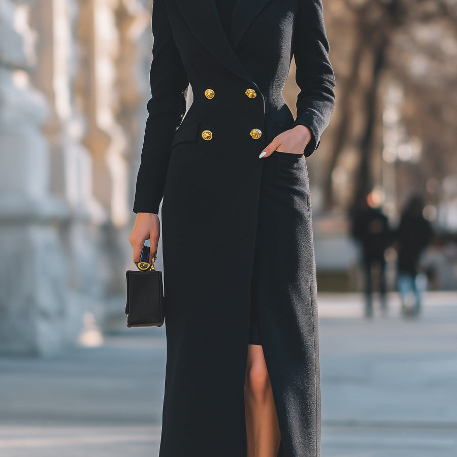 Aurora | Double-Breasted Maxi Coat with Gold Buttons - Maison & Moor