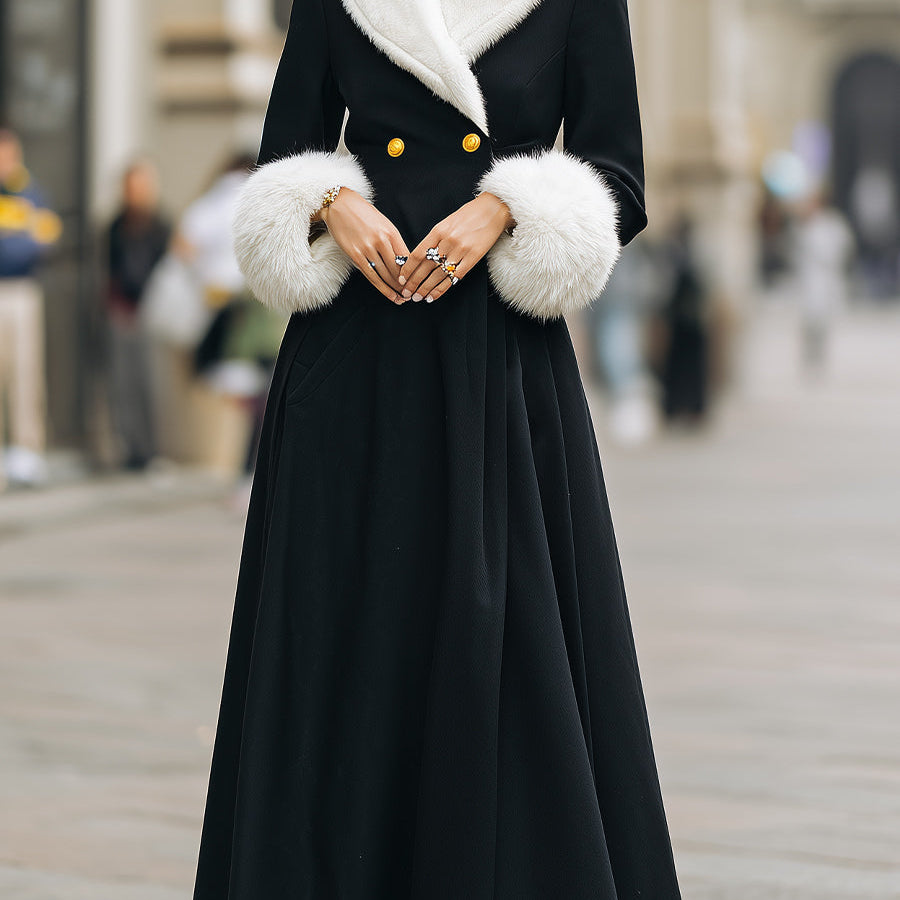 Aurora | Longline Coat with White Faux Fur Trim - Maison & Moor