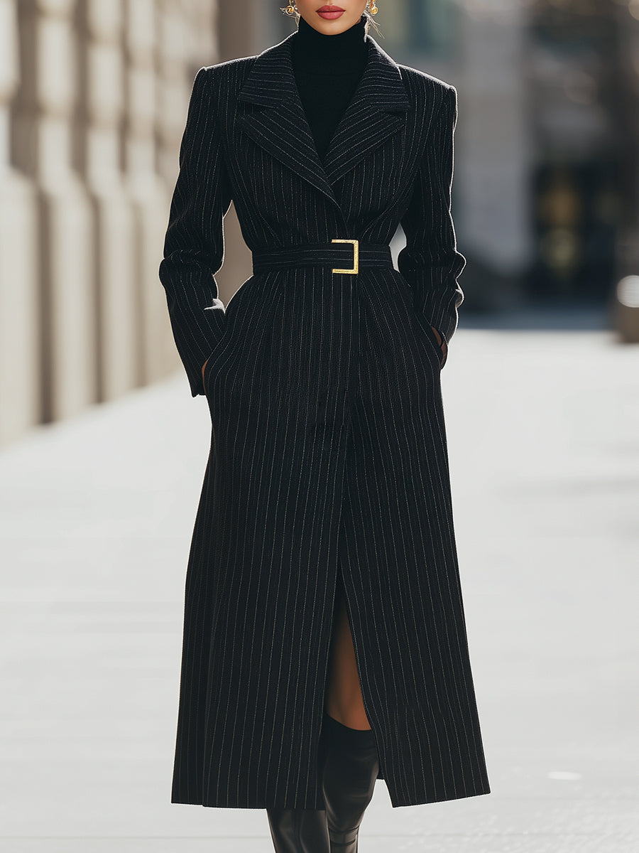 Aurora | Structured Pinstripe Belted Long Coat - Maison & Moor