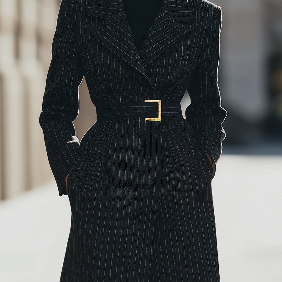 Aurora | Structured Pinstripe Belted Long Coat - Maison & Moor