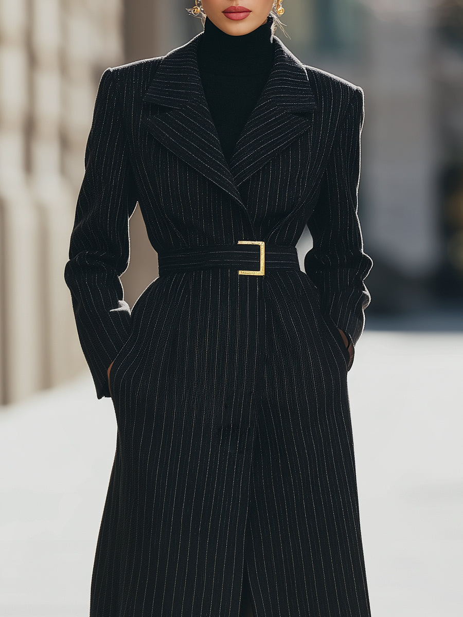 Aurora | Structured Pinstripe Belted Long Coat - Maison & Moor