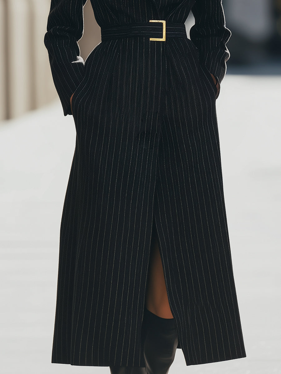 Aurora | Structured Pinstripe Belted Long Coat - Maison & Moor
