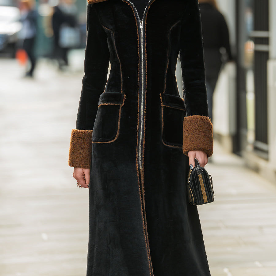 Elena | Long Plush Coat with Elegant Contrast Trim - Maison & Moor