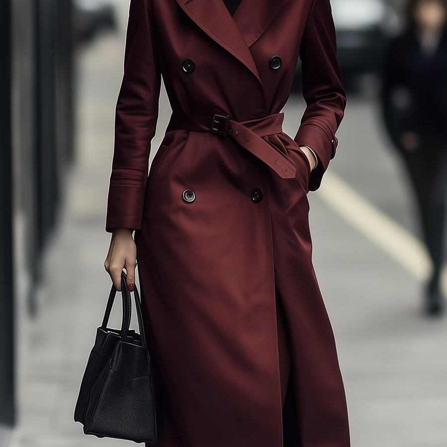 Elena | Double-Breasted Belted Trench Coat in Burgundy - Maison & Moor