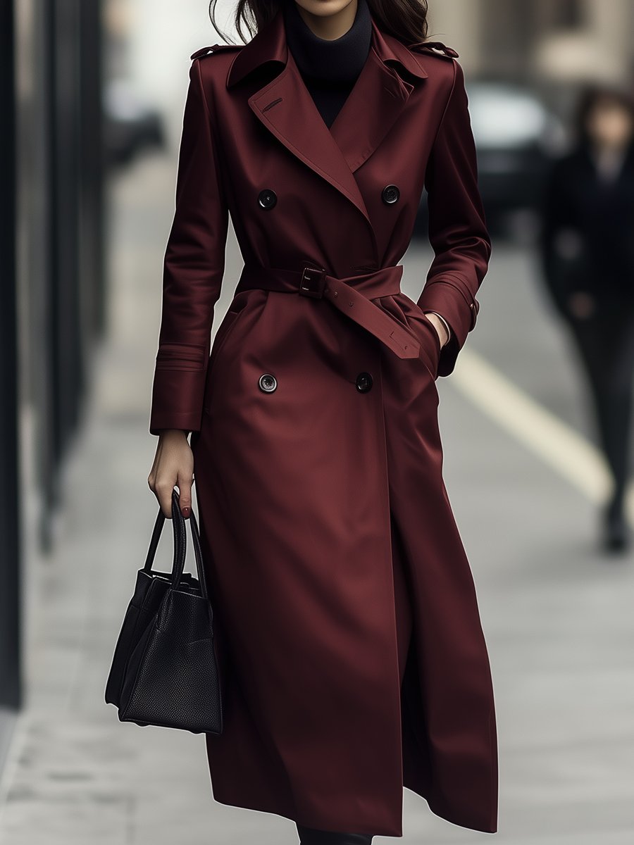 Elena | Double-Breasted Belted Trench Coat in Burgundy - Maison & Moor