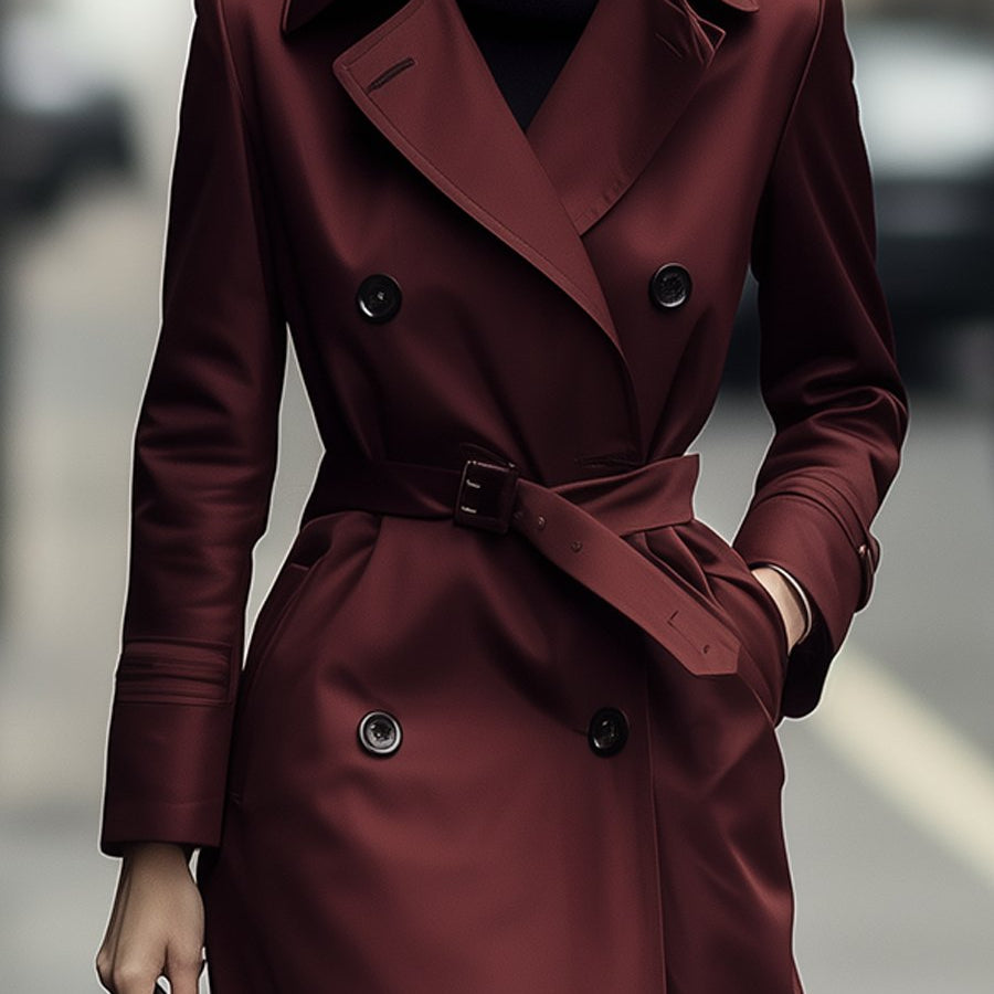 Elena | Double-Breasted Belted Trench Coat in Burgundy - Maison & Moor