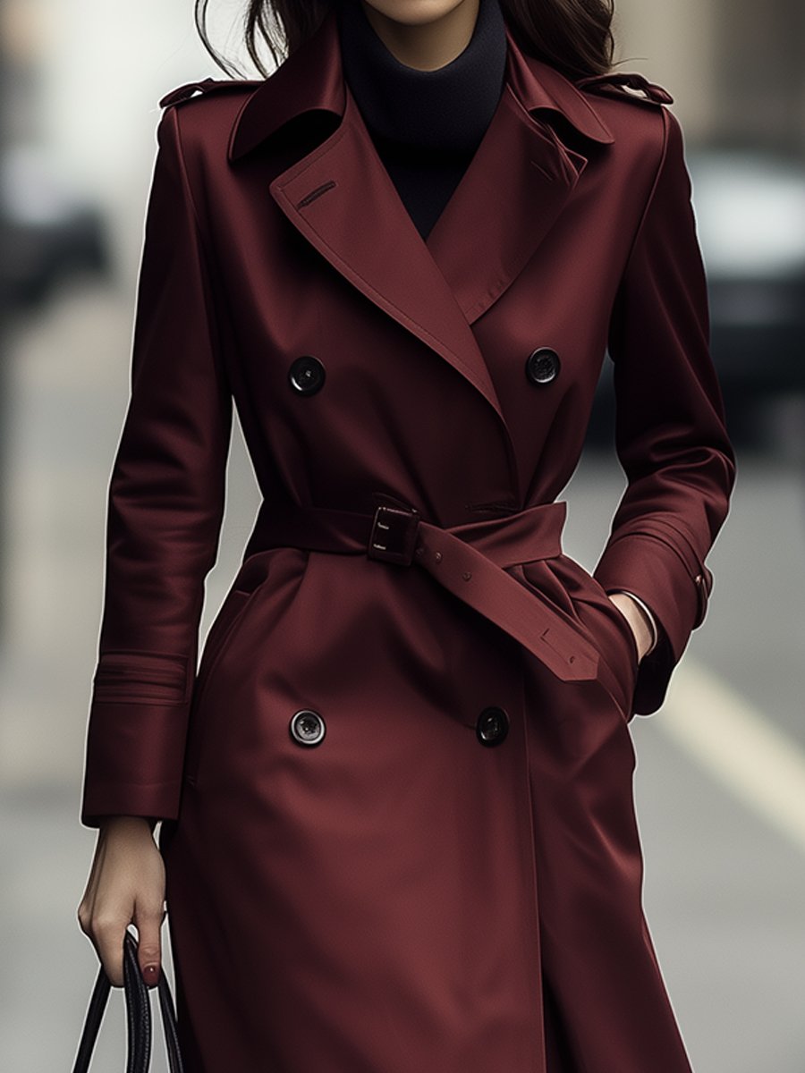 Elena | Double-Breasted Belted Trench Coat in Burgundy - Maison & Moor