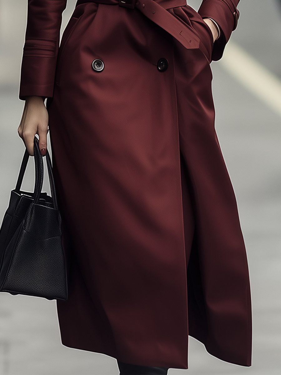 Elena | Double-Breasted Belted Trench Coat in Burgundy - Maison & Moor