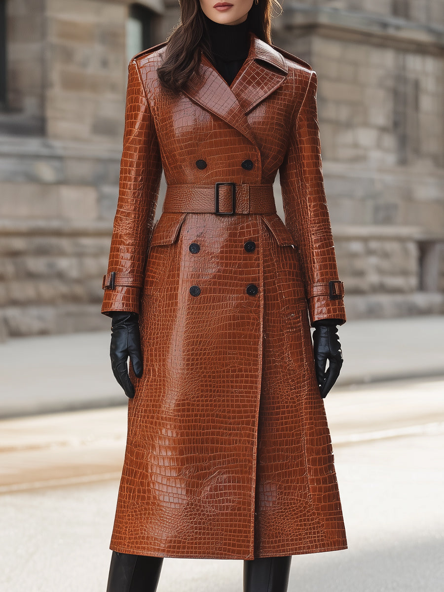 Elena | Croc-Embossed Faux Leather Trench Coat with Belted Waist - Maison & Moor