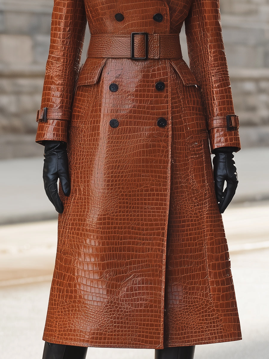 Elena | Croc-Embossed Faux Leather Trench Coat with Belted Waist - Maison & Moor