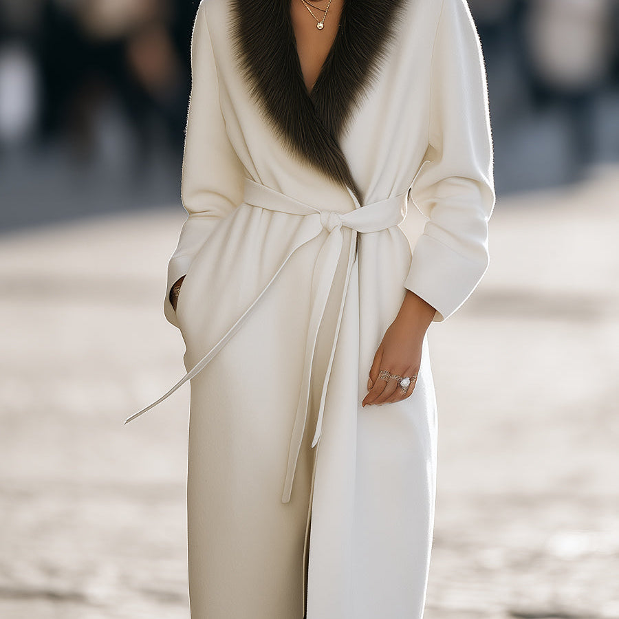 Elena | Wool Coat with Fur Collar and Belt - Maison & Moor
