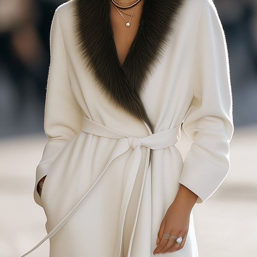 Elena | Wool Coat with Fur Collar and Belt - Maison & Moor