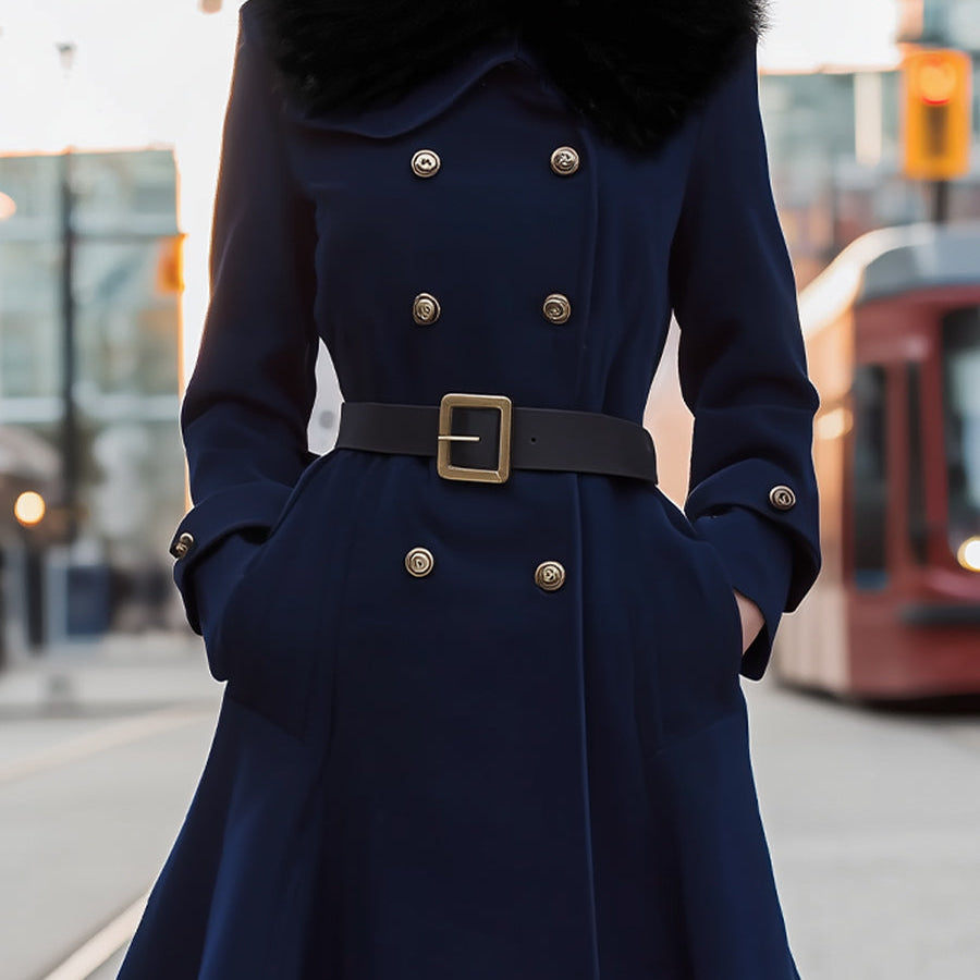 Elena | Double-Breasted Belted Midi Coat with Faux Fur Collar - Maison & Moor