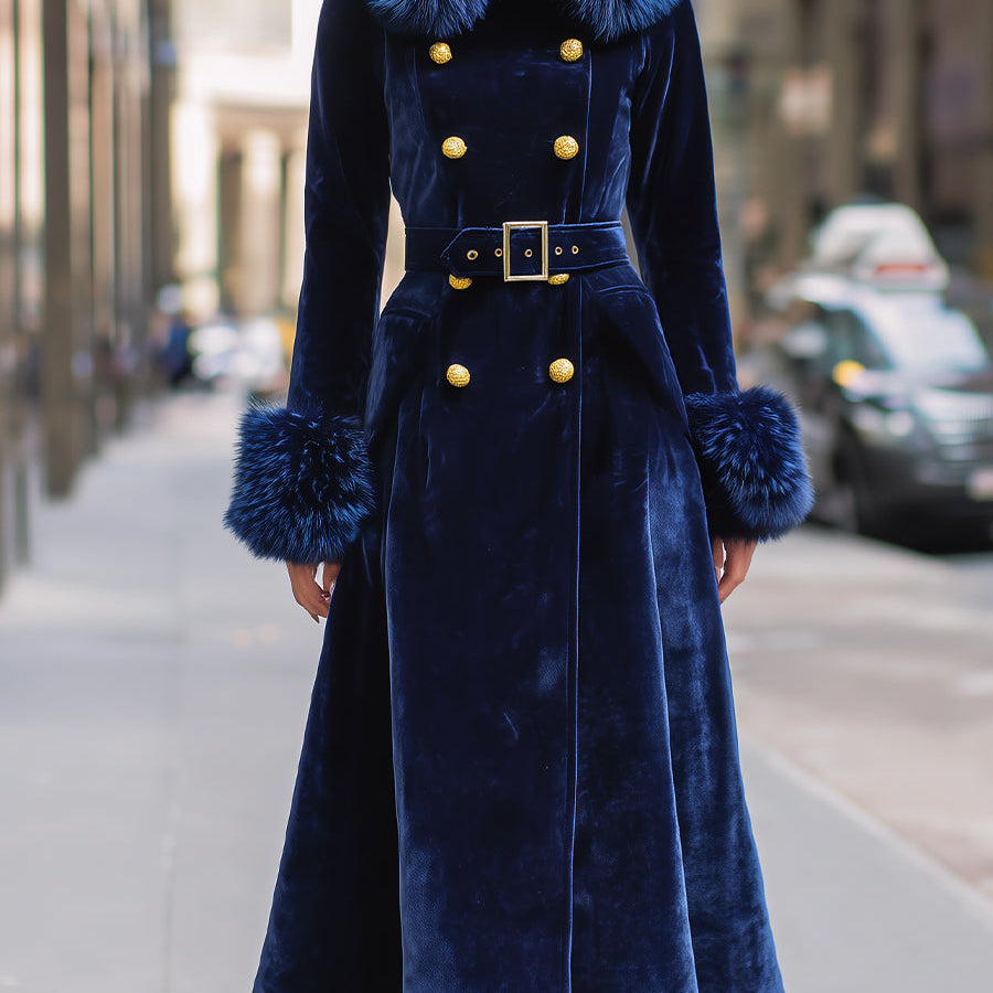 Royal Velvet | Double-Breasted Faux Fur Trim Long Coat - Maison & Moor