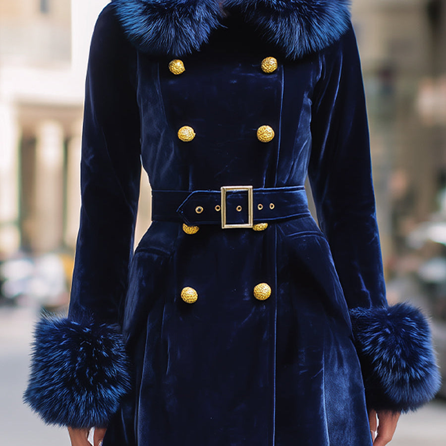 Royal Velvet | Double-Breasted Faux Fur Trim Long Coat - Maison & Moor