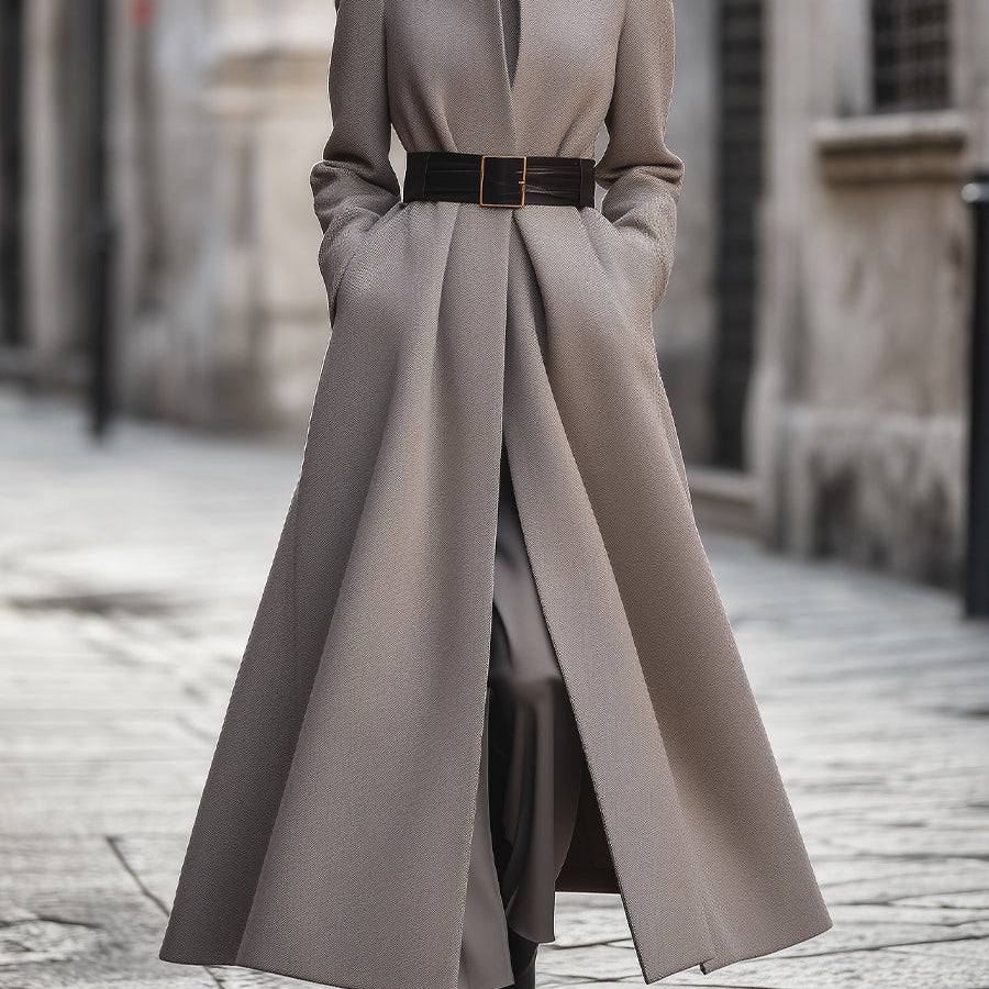 Elena | High-Collar Longline Coat with Belt - Maison & Moor