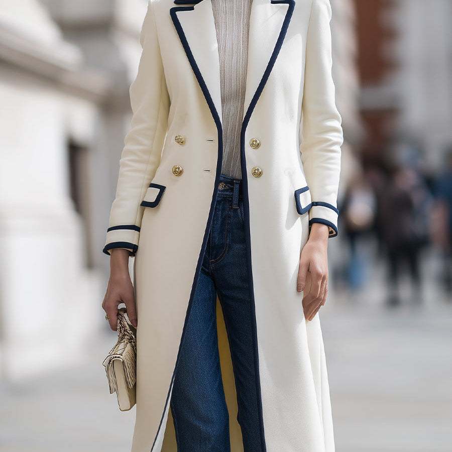 Elena | Double-Breasted Coat with Navy Contrast Trim - Maison & Moor