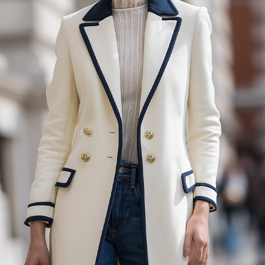 Elena | Double-Breasted Coat with Navy Contrast Trim - Maison & Moor