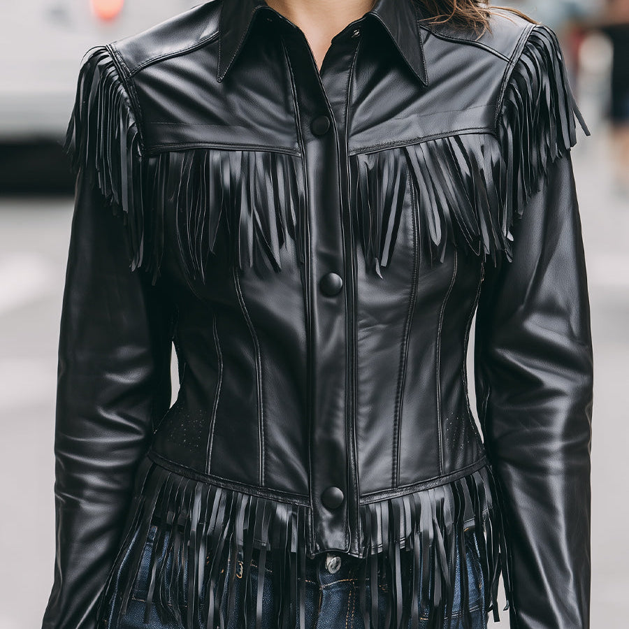 Elena | Faux Leather Jacket with Black Fringe - Maison & Moor