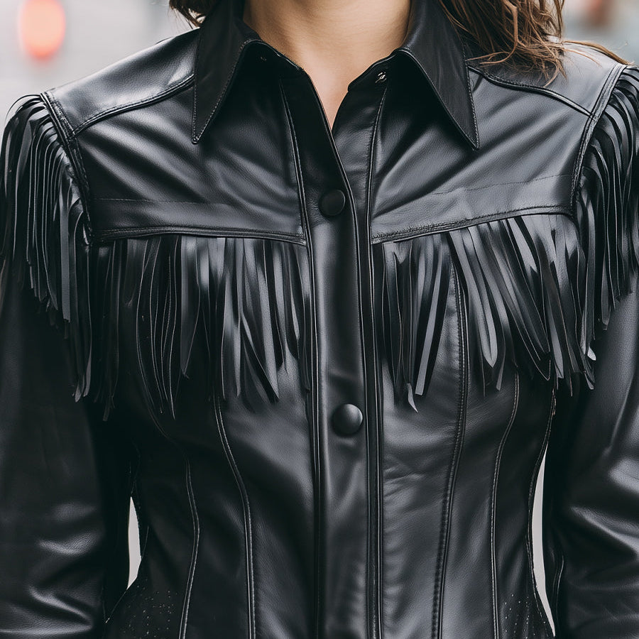 Elena | Faux Leather Jacket with Black Fringe - Maison & Moor