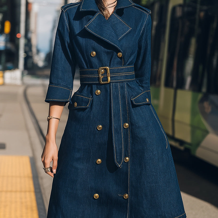 Elena | Belted Denim Trench Dress with Gold Buttons - Maison & Moor