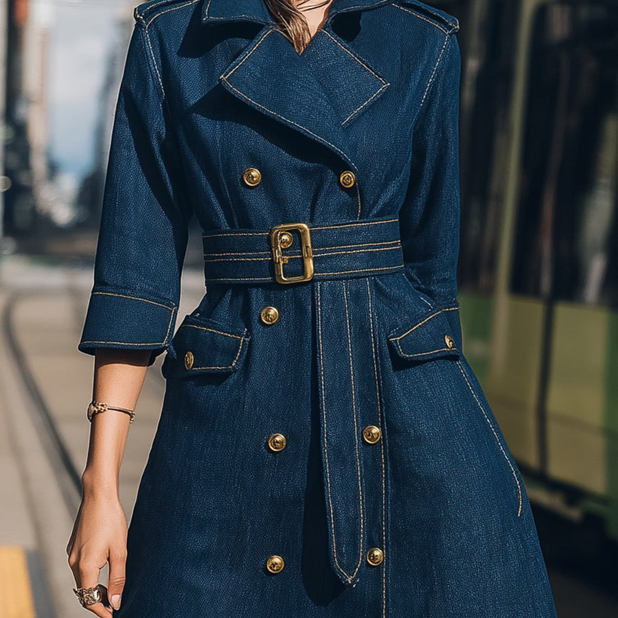 Elena | Belted Denim Trench Dress with Gold Buttons - Maison & Moor