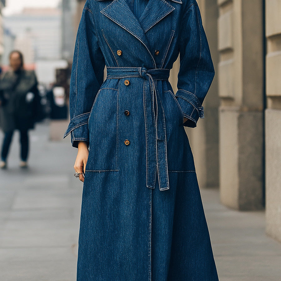 Elena | Double-Breasted Denim Trench Coat - Maison & Moor