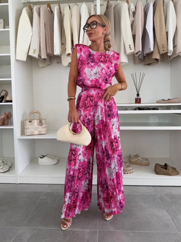 Women’s Elegant Sleeveless Top Wide-Leg Pleated Pants Set - 2-Piece Outfit