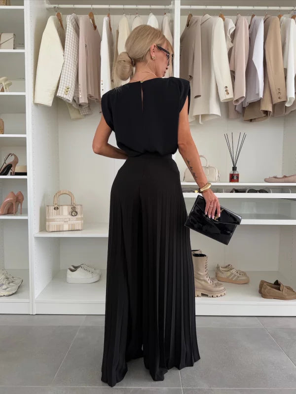 Women’s Elegant Sleeveless Top Wide-Leg Pleated Pants Set - 2-Piece Outfit