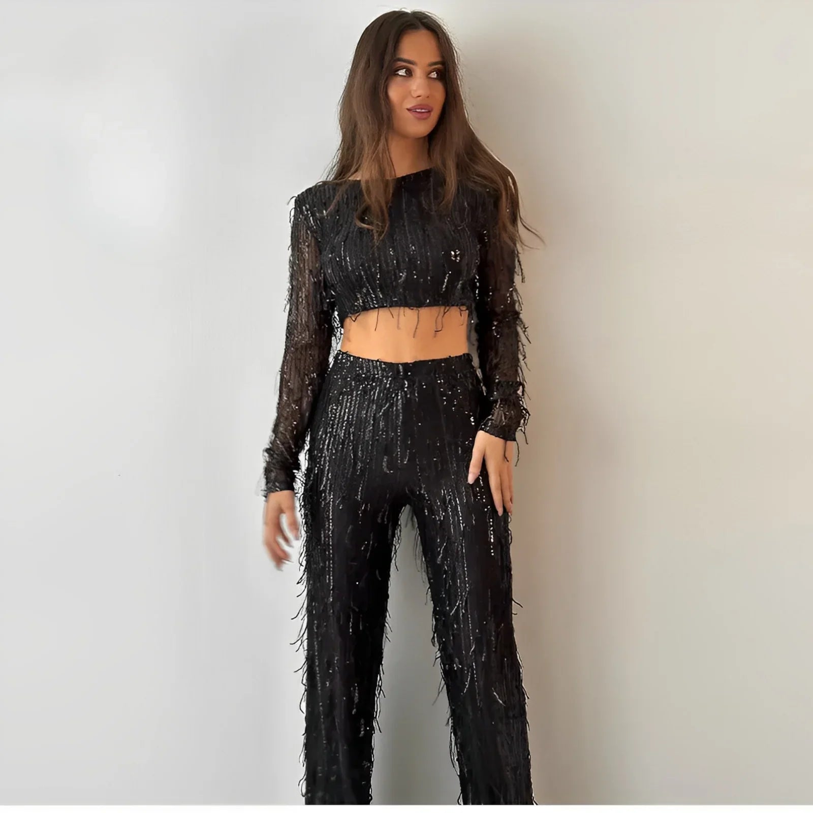Women’s Cropped Sequin Top & Wide-Leg Pant Set