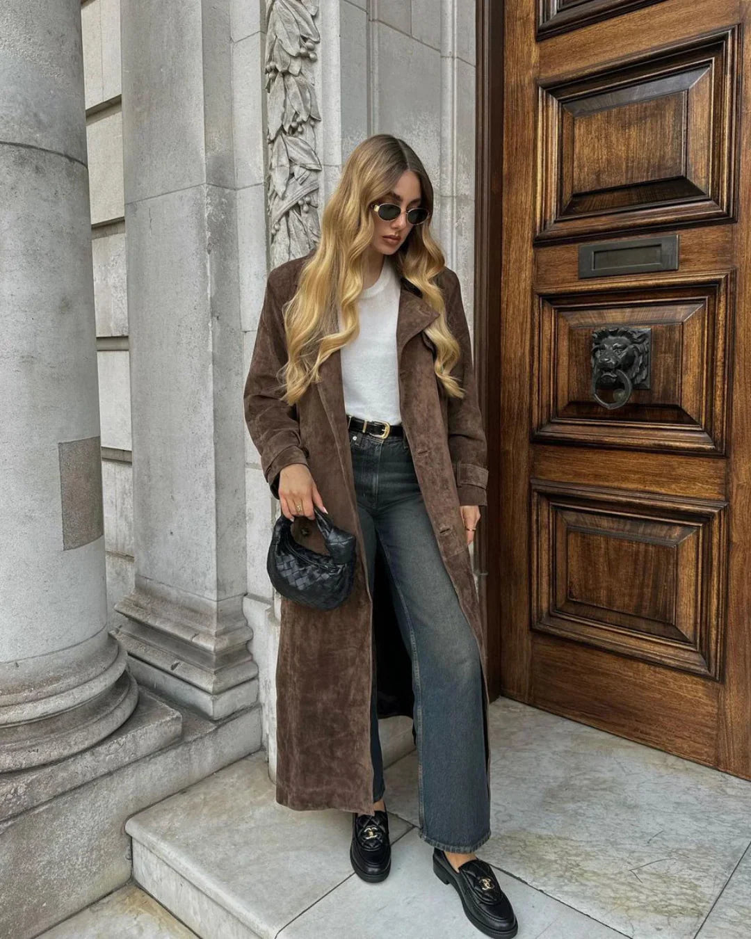 Women’s Suede Trench Coat – Double-Breasted & Self-Tie Waist