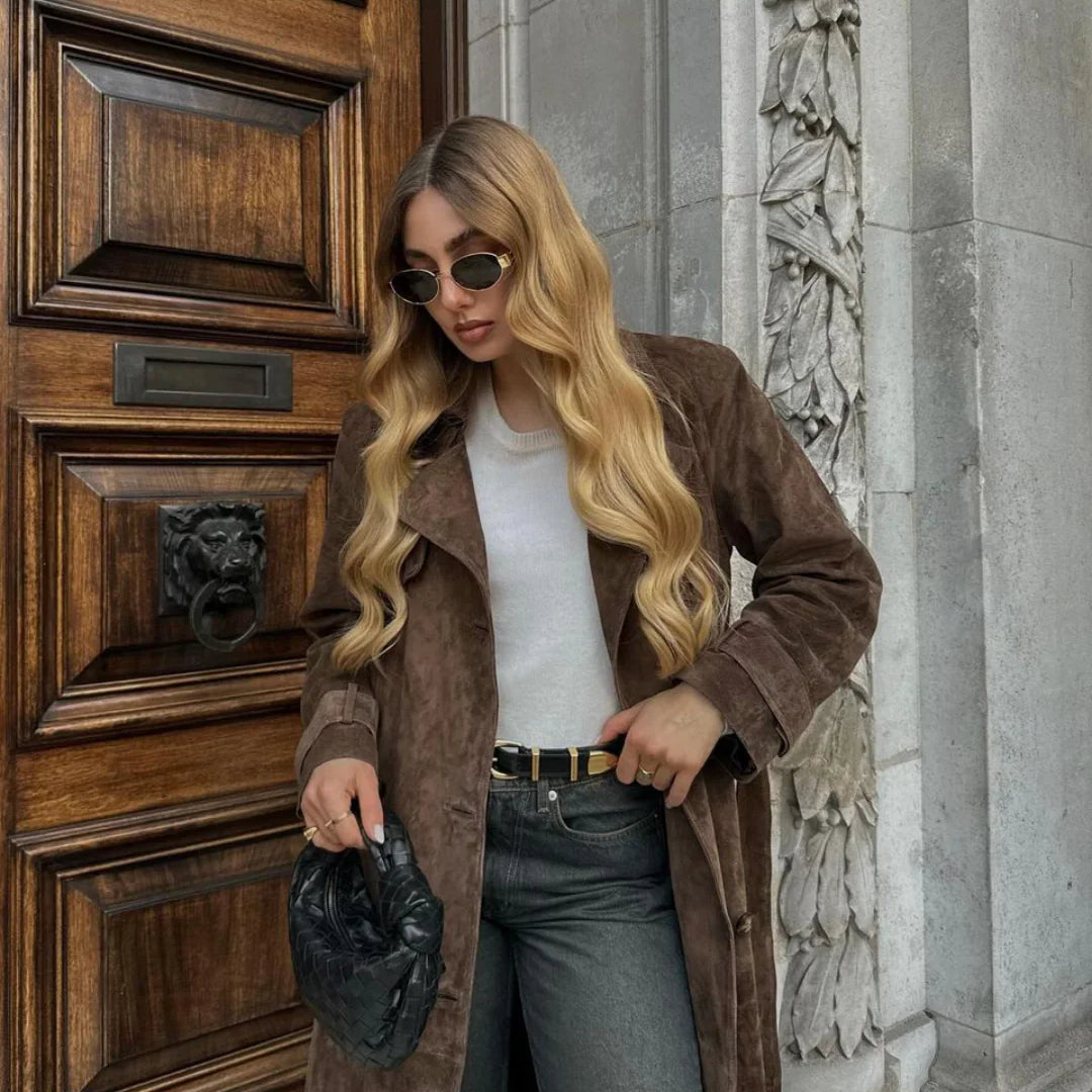 Women’s Suede Trench Coat – Double-Breasted & Self-Tie Waist